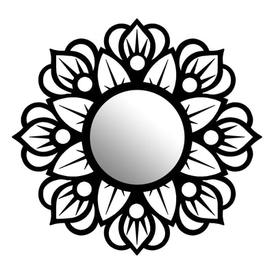 Mandala Yaprak Metal Duvar Aynası - Siyah
