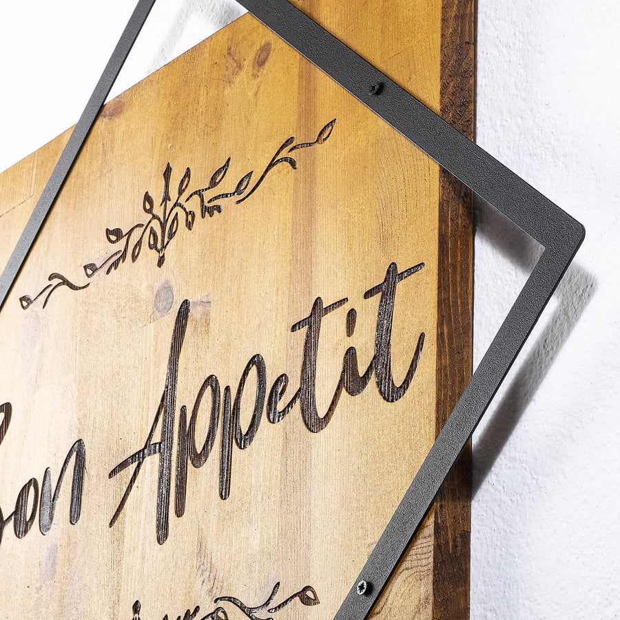Bon Appetit Ahsap Metal Duvar Panosu - Kahve