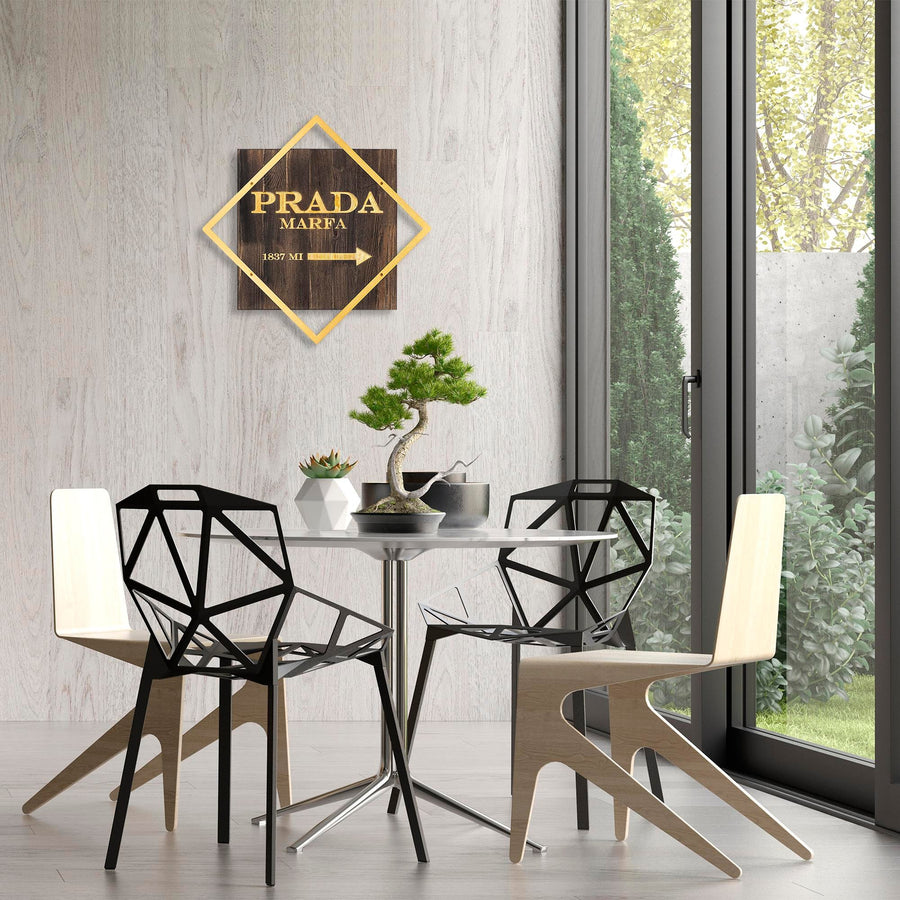 Prada Marfa Altin Cerceveli Ahsap Metal Pano - Kahve