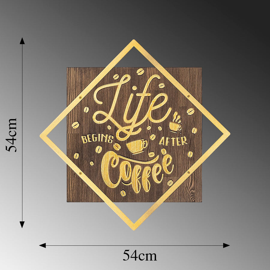 Life Begins After Coffee Yazili Metal Ahsap Pano - Altin