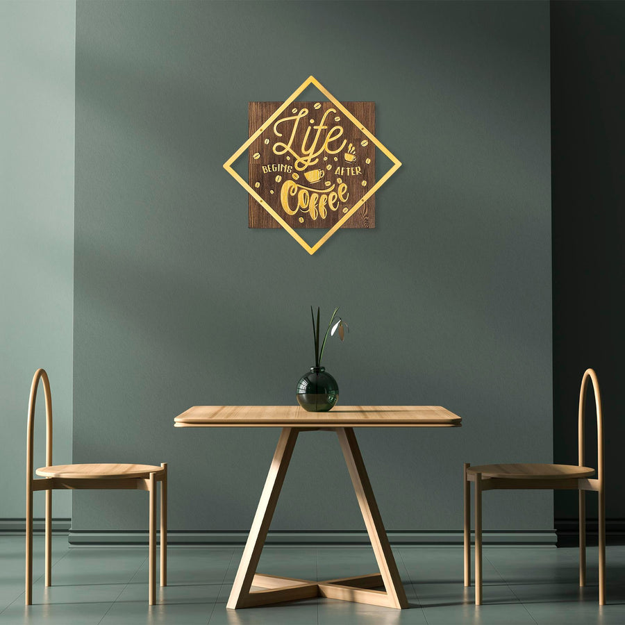 Life Begins After Coffee Yazili Metal Ahsap Pano - Altin