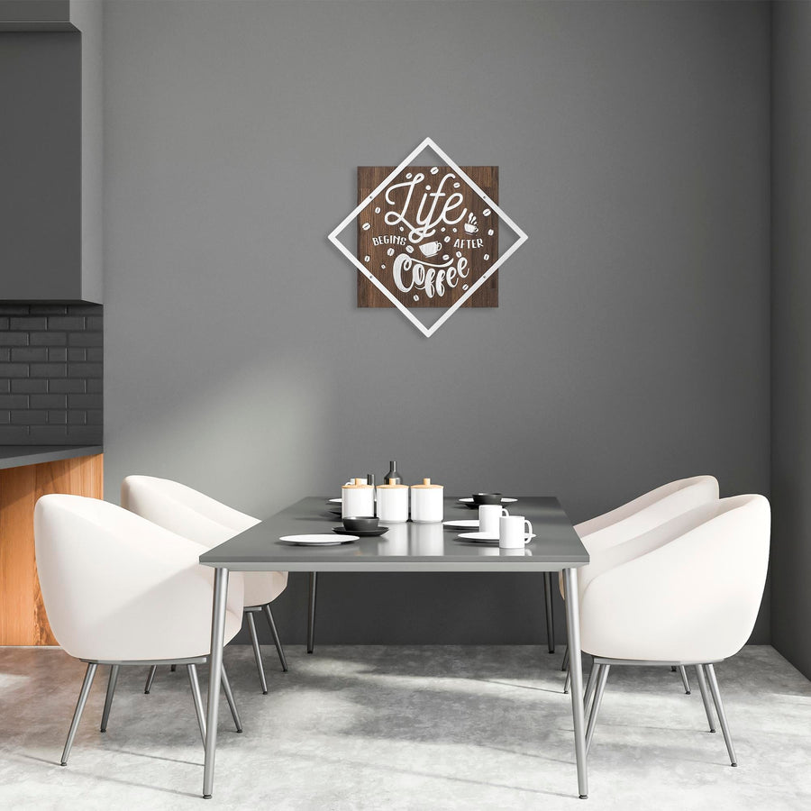 Life Begins After Coffee Yazili Metal Ahsap Pano - Beyaz