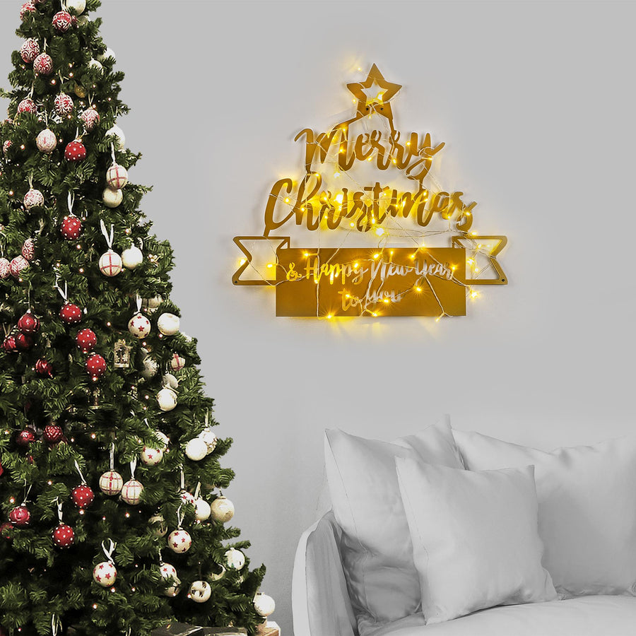 Merry Christmas Yazılı Metal Duvar Aydınlatması - Altın