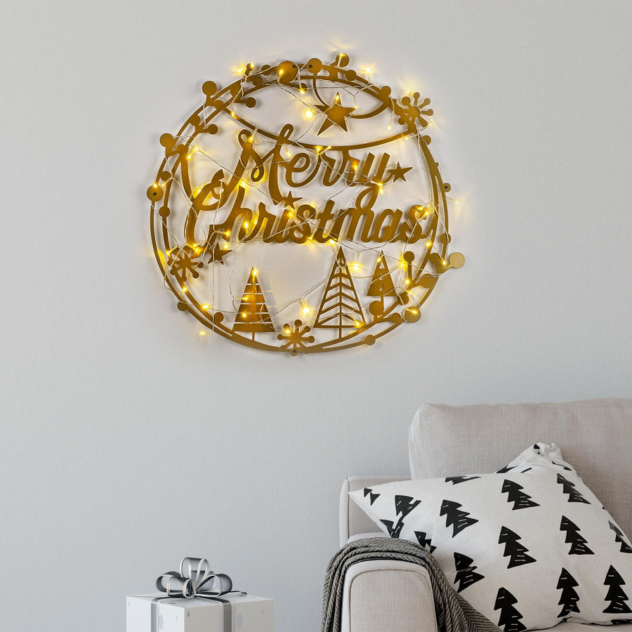 Merry Christmas Yazili Dairevi Metal Duvar Apligi - Altin