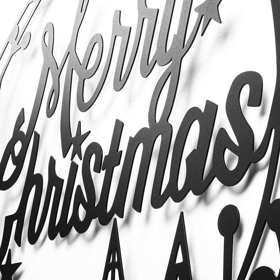 Merry Christmas Yazili Dairevi Metal Duvar Apligi - Siyah