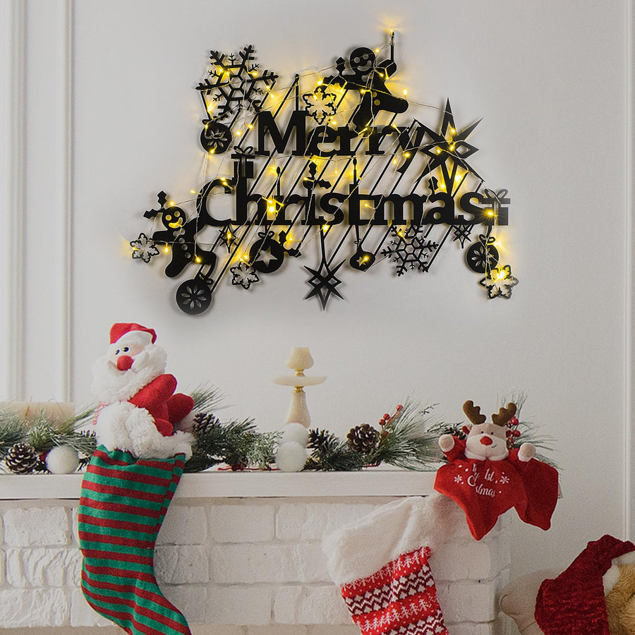 Merry Christmas Kompozisyon Metal Duvar Apligi - Siyah