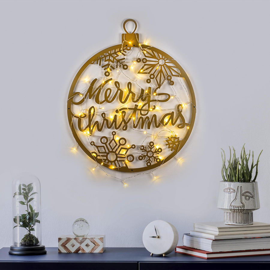 Merry Christmas Yazili Metal Duvar Apligi - Altin