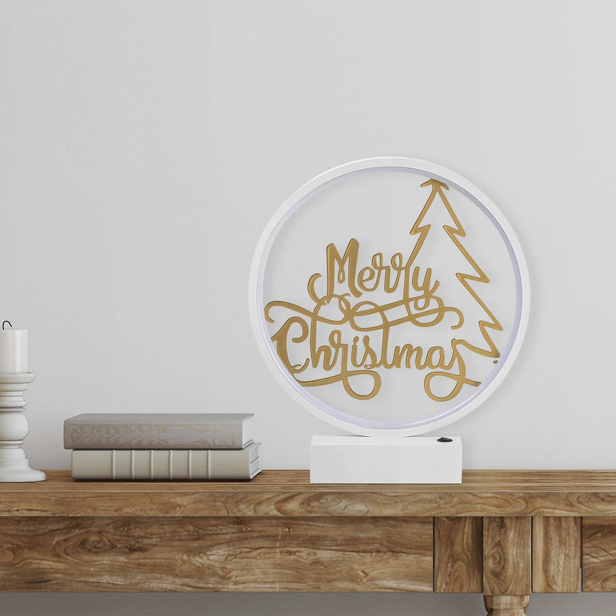 Merry Christmas Yazili Yuvarlak Masa Lambasi - Beyaz
