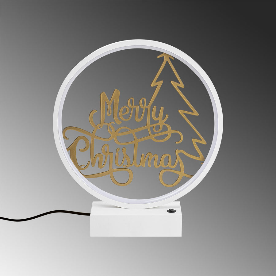 Merry Christmas Yazili Yuvarlak Masa Lambasi - Beyaz