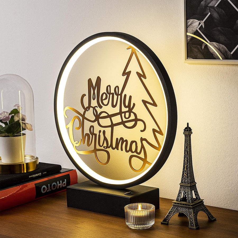 Merry Christmas Yazili Yuvarlak Masa Lambasi - Siyah