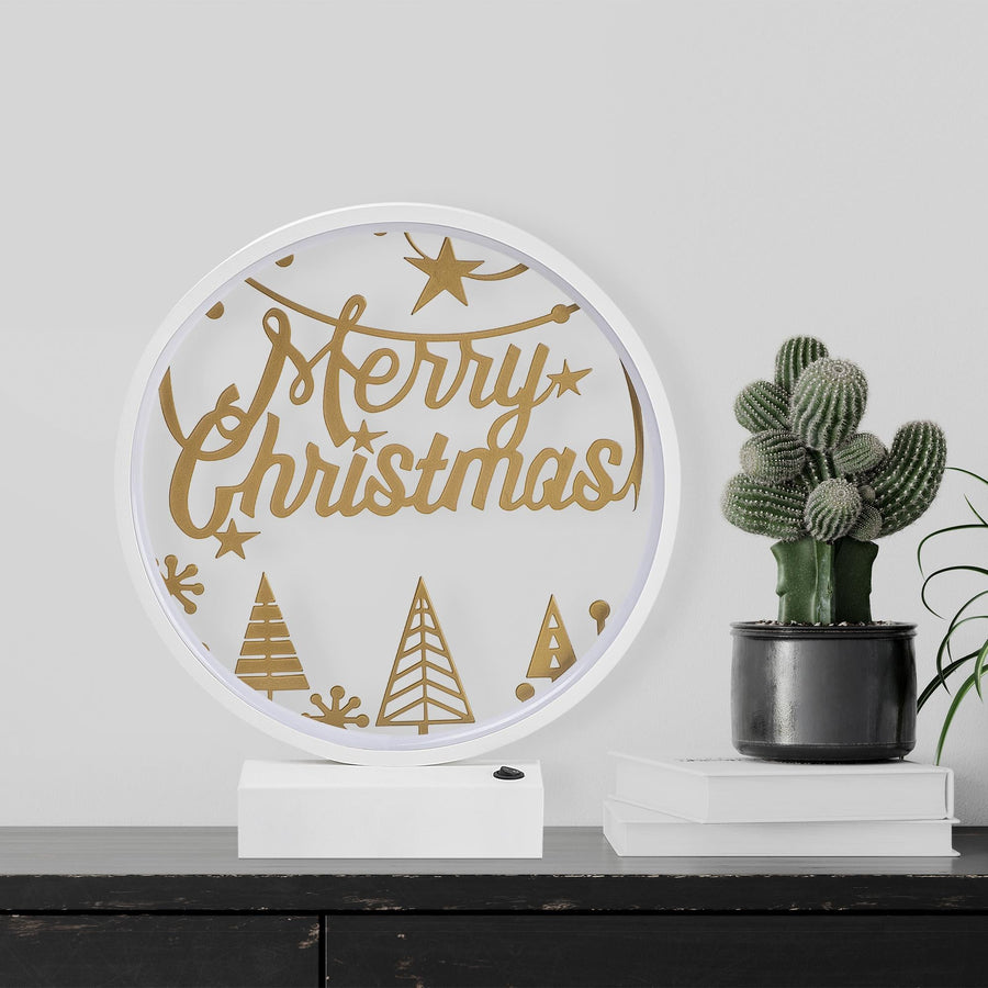 Merry Christmas Agacli Yuvarlak Masa Lambasi - Beyaz