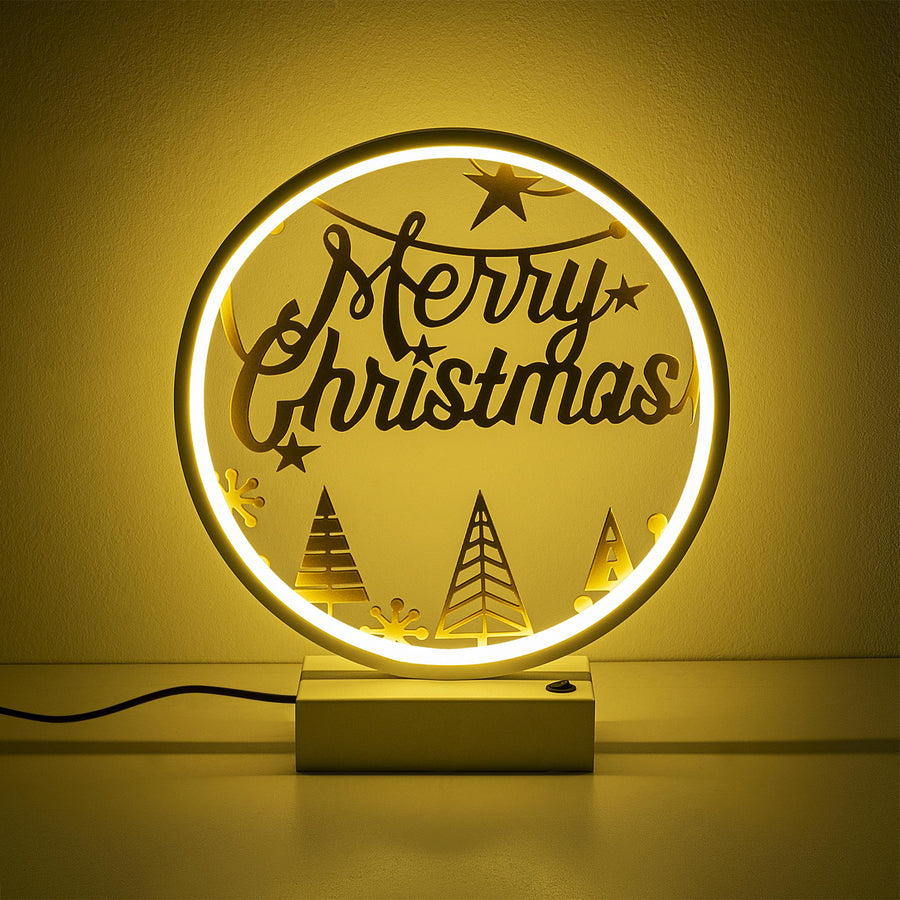 Merry Christmas Agacli Yuvarlak Masa Lambasi - Beyaz