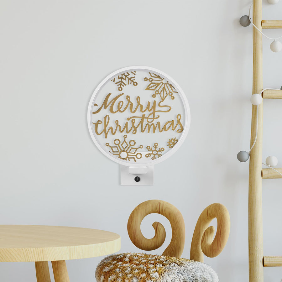 Merry Christmas Kar Taneli Metal Duvar Apligi - Beyaz