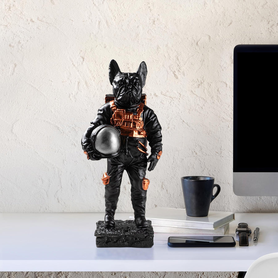 Bulldog Astronot Polyester Heykel - Siyah
