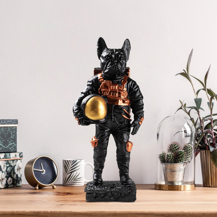 Bulldog Astronot Polyester Heykel - Siyah