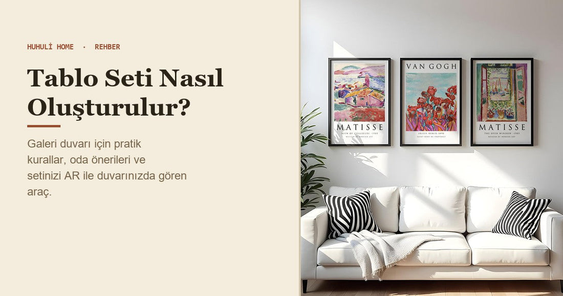 Tablo seti nasıl oluşturulur rehberi kapak görseli, oturma odası duvarında 3 parça tablo seti
