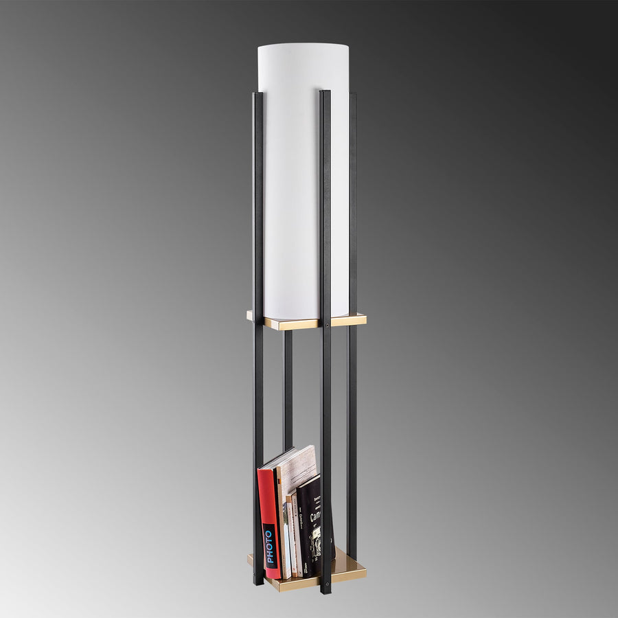 Çerçeveli Lambader Metal Beyaz Abajurlu - Siyah Altın