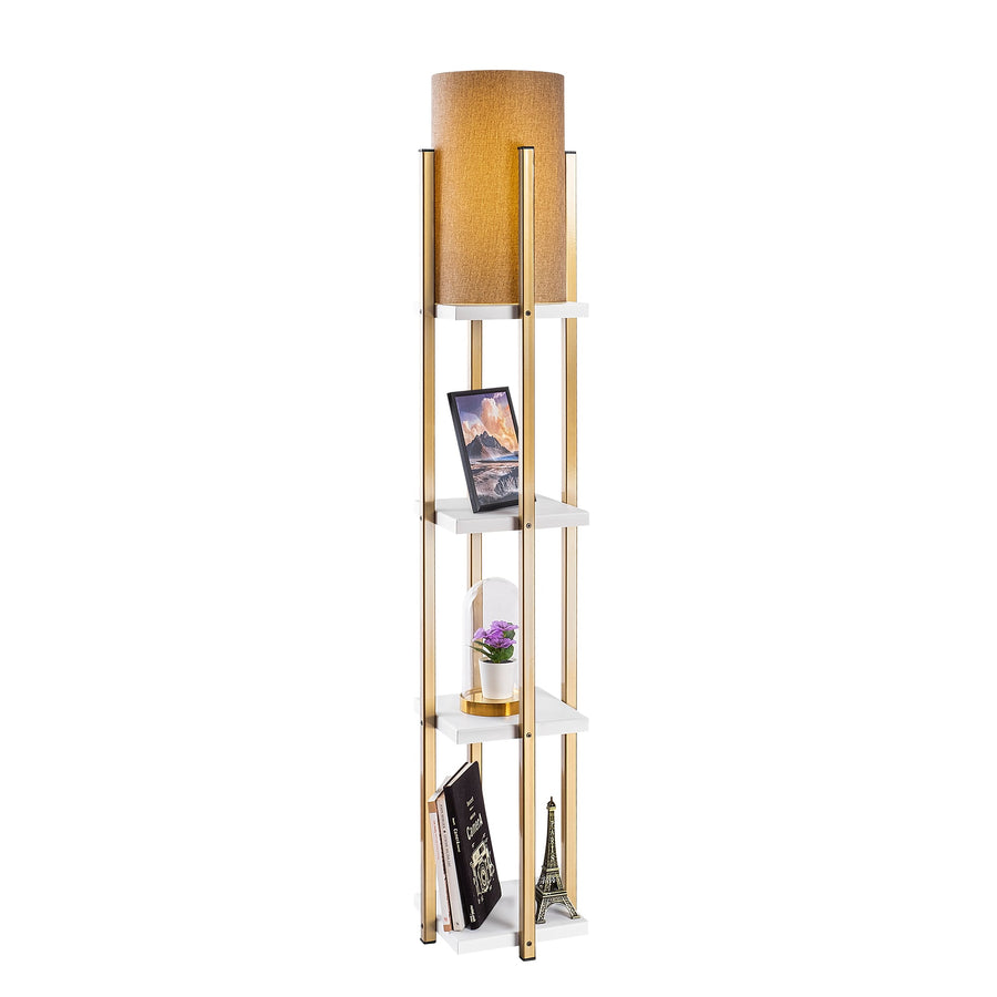 Raflı Lambader Metal Keten Abajurlu - Altın