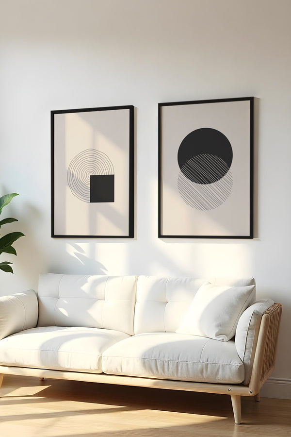 Geometrik Desenli Siyah-Beyaz Tablo Seti - Modern 2’li Set | Huhu86