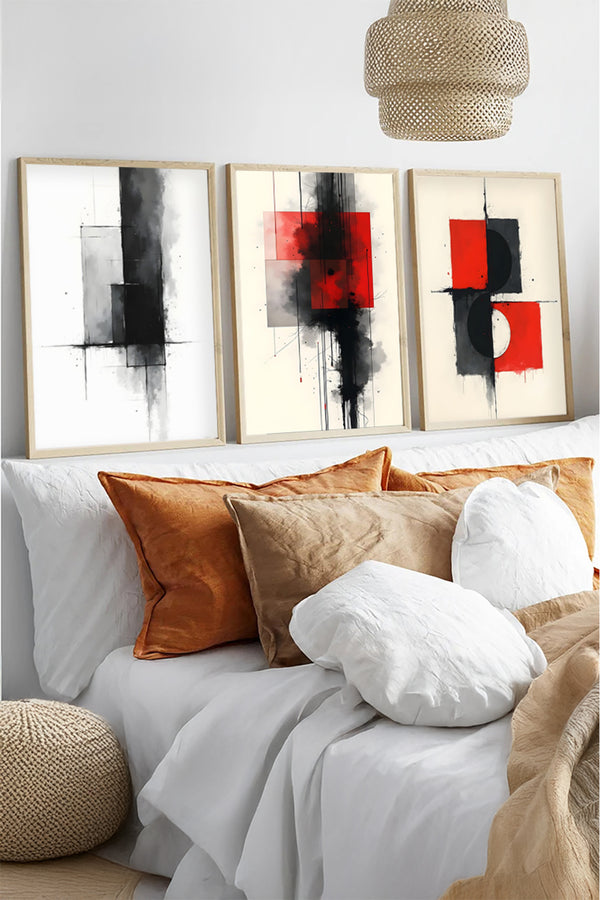Soyut Desenli Siyah-Kırmızı Tablo Seti - Modern 3’lü Set | huhu440