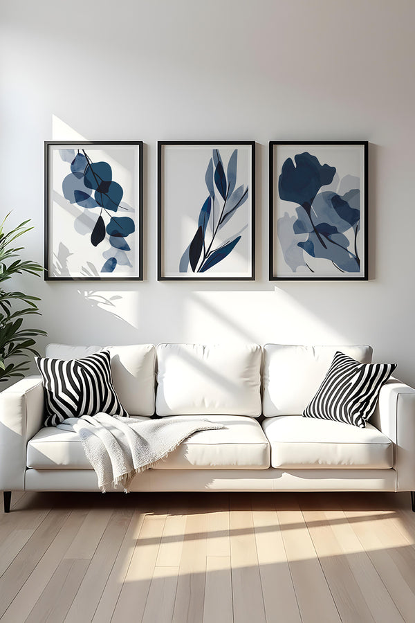 Geometrik Desenli Mavi Tablo Seti - Modern 3’lü Set | huhu207