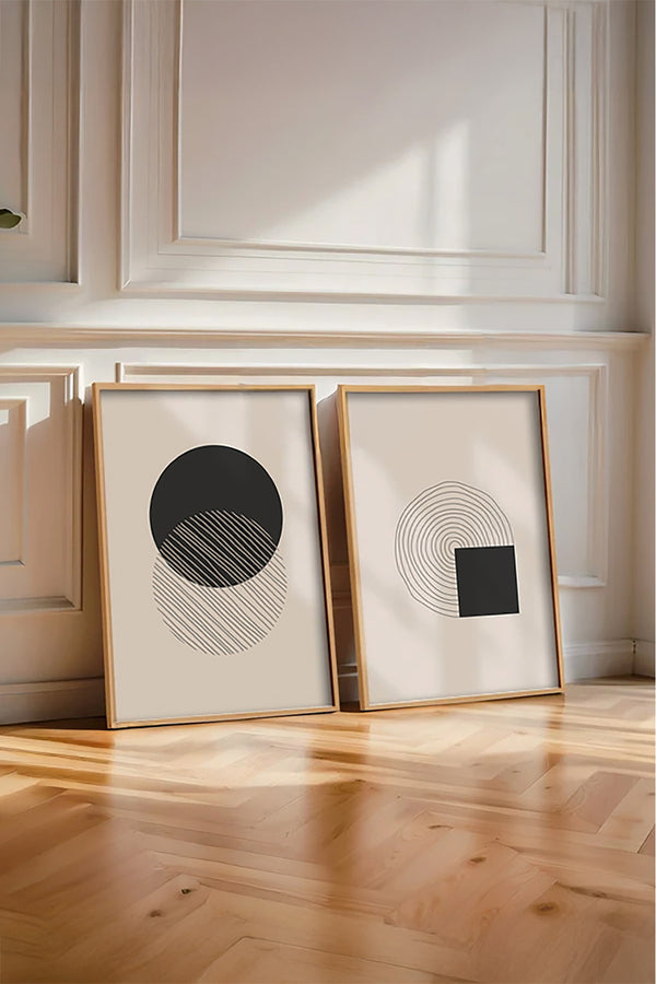 Geometrik Desenli Siyah-Beyaz Tablo Seti - Modern 2’li Set | Huhu86