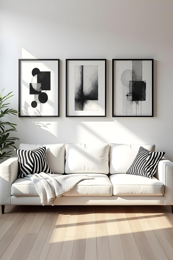 Geometrik Desenli Siyah-Beyaz Tablo Seti - Modern 3’lü Set | huhu432