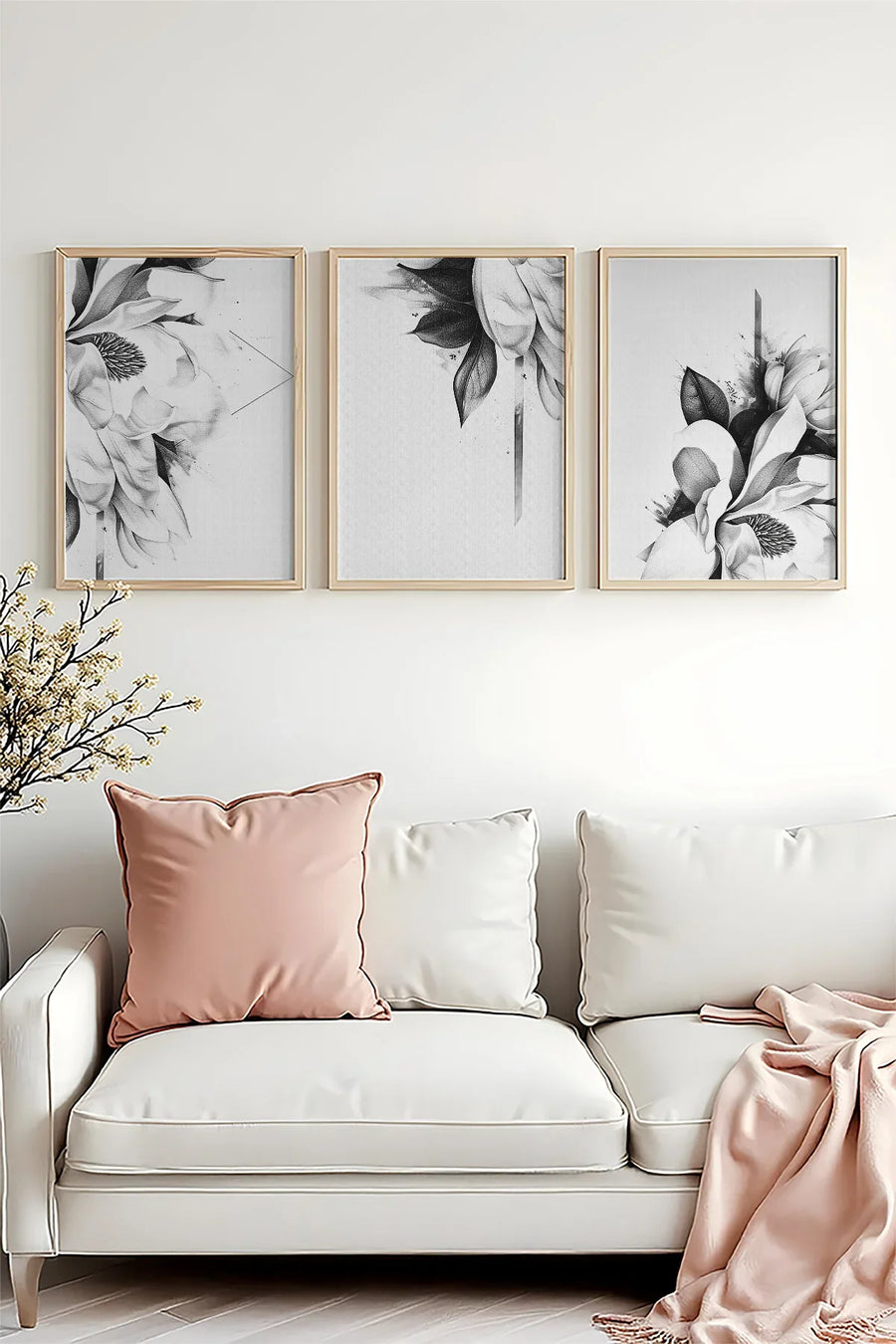 Siyah Beyaz Çiçek Desenli Tablo Seti - Modern 3’lü Set | huhu479