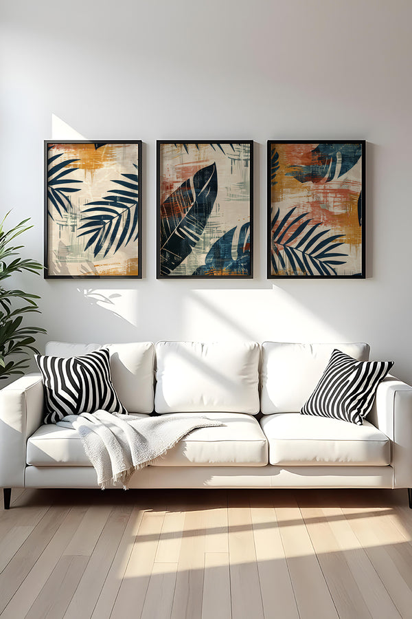 Tropikal Desenli Modern Tablo Seti - 3’lü Çerçeveli | huhu468