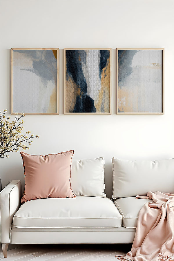 Soyut Desenli Mavi-Gri Tablo Seti - Modern 3’lü Set | huhu484