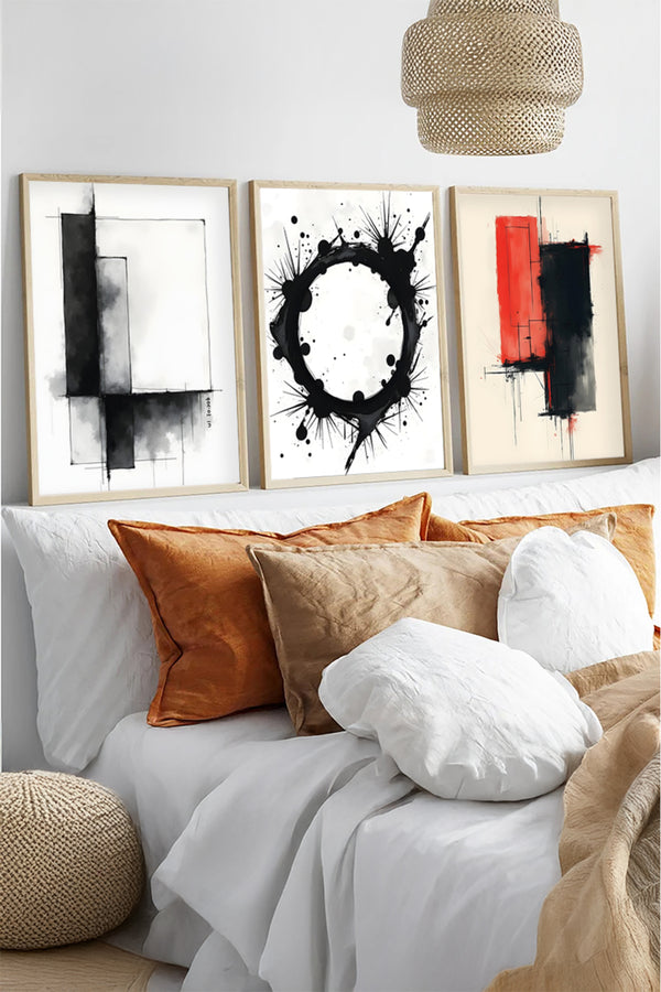 Soyut Desenli Siyah-Beyaz Tablo Seti - Modern 3’lü Set | huhu426