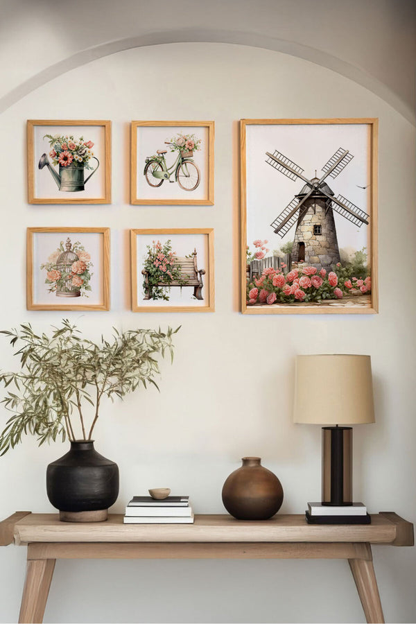 Çiçek Desenli Modern Tablo Seti - 5’li Ahşap Çerçeve | huhu465