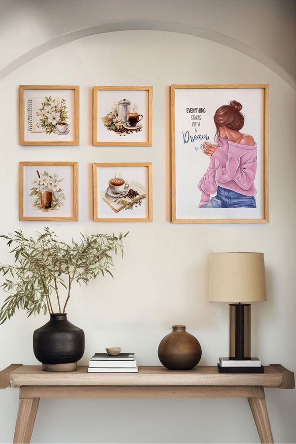 Çiçekli ve Kahve Temalı Tablo Seti - 5'li Çerçeveli Set | huhu458