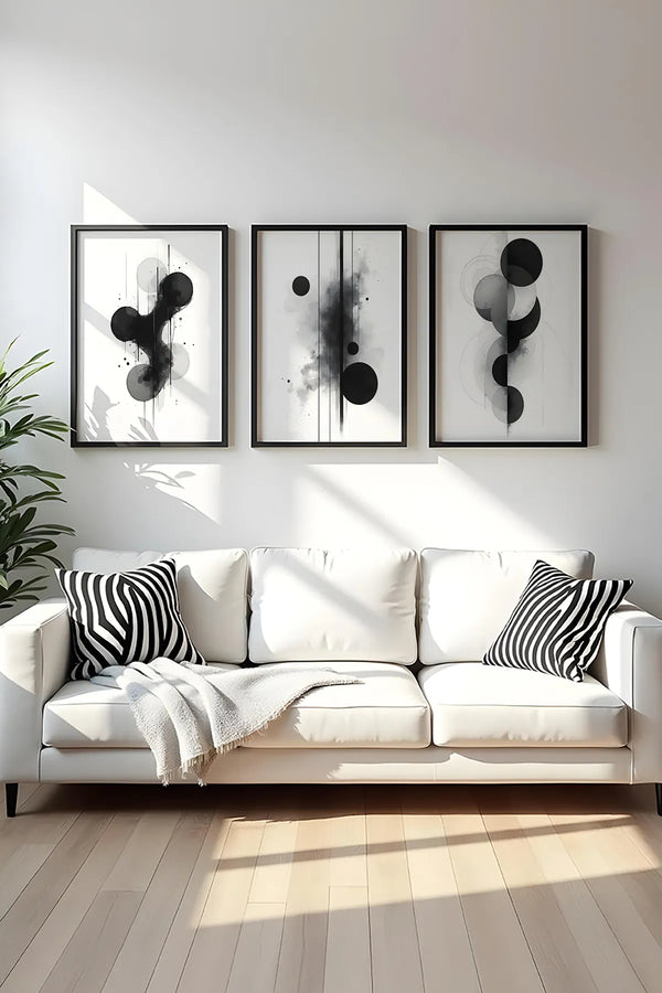 Soyut Desenli Siyah-Beyaz Tablo Seti - Modern 3’lü Set | huhu435