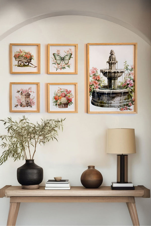 Çiçek Desenli Vintage Tablo Seti - 5’li Çerçeveli Set | huhu464