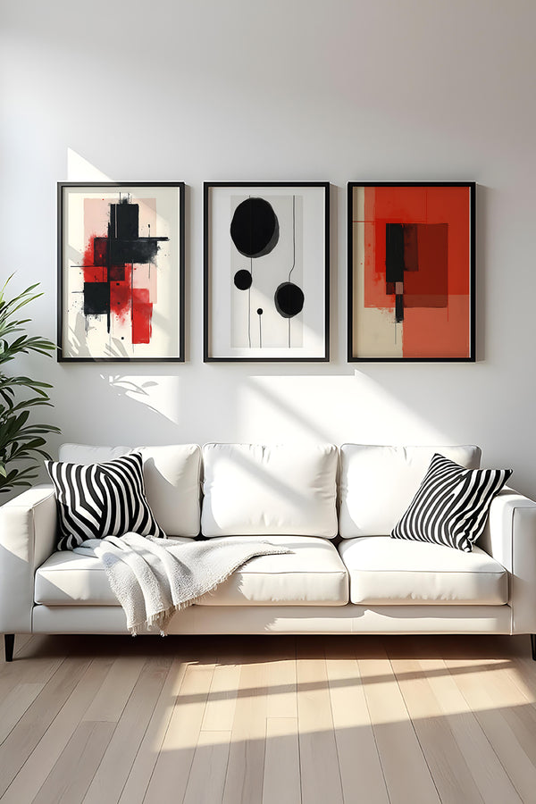 Soyut Desenli Kırmızı ve Siyah Tablo Seti - Modern 3’lü Set | huhu429