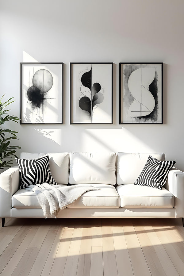Geometrik Desenli Siyah-Beyaz Tablo Seti - Modern 3’lü Set | huhu436