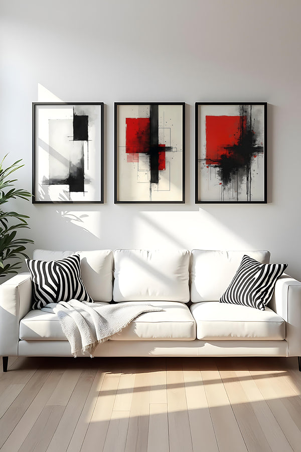 Soyut Desenli Kırmızı ve Siyah Tablo Seti - Modern 3’lü Set | huhu442