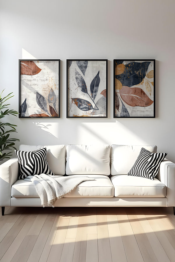 Modern Geometrik Yaprak Desenli Tablo Seti - 3’lü Set | huhu467