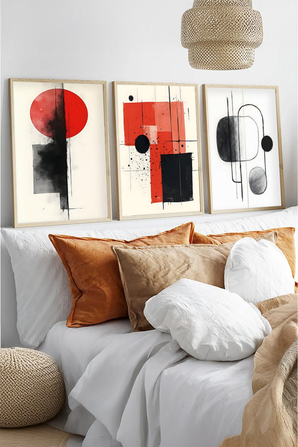 Soyut Desenli Kırmızı ve Siyah Tablo Seti - Modern 3’lü Set | huhu439
