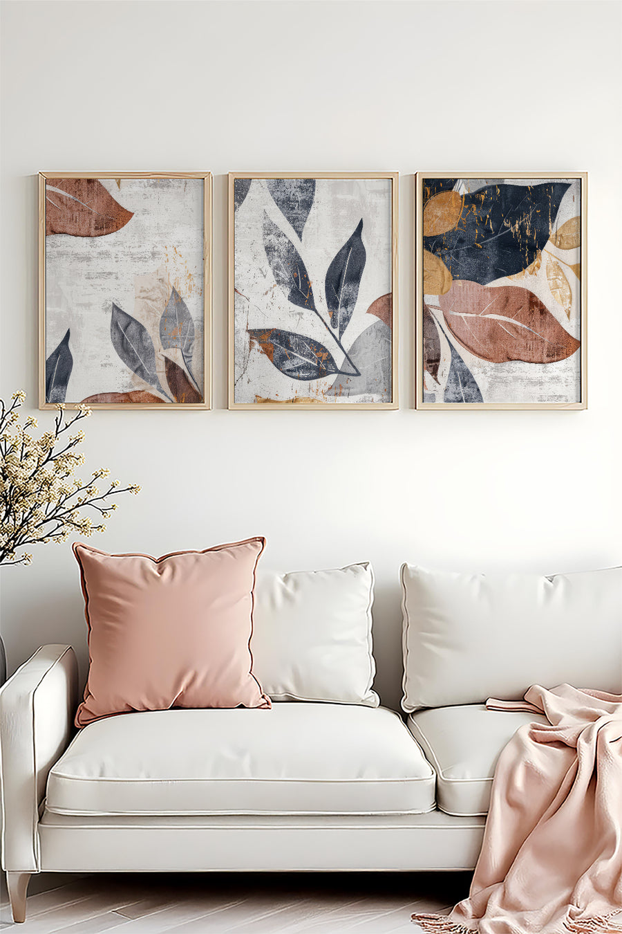 Modern Geometrik Yaprak Desenli Tablo Seti - 3’lü Set | huhu467