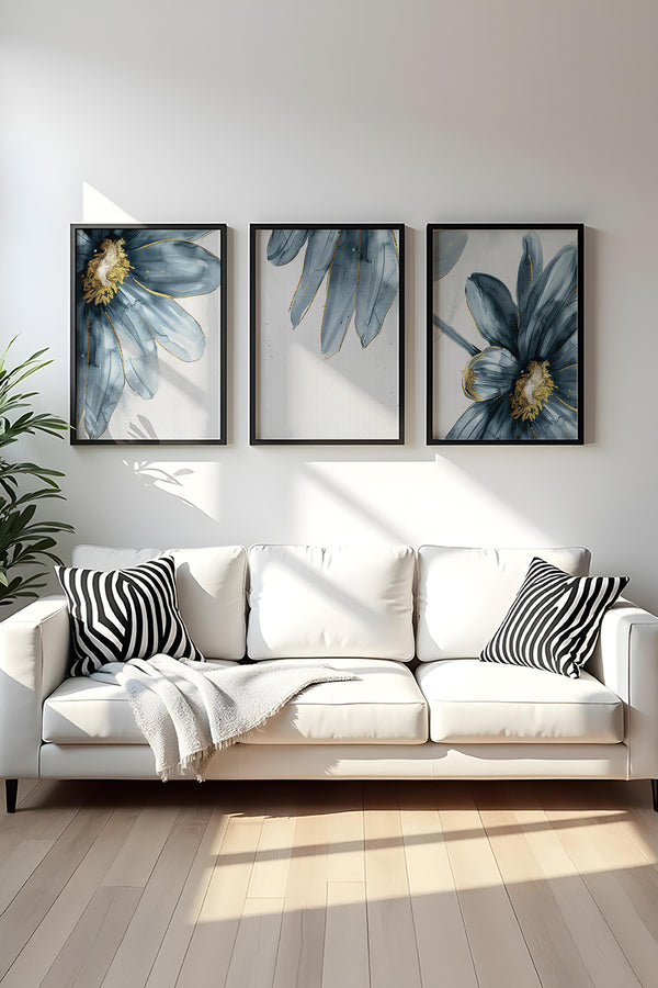 Çiçek Desenli Mavi Tablo Seti - Modern 3’lü Set | huhu473