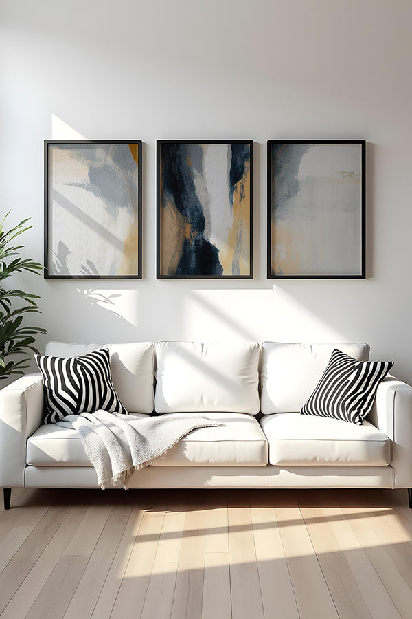 Soyut Desenli Mavi-Gri Tablo Seti - Modern 3’lü Set | huhu484