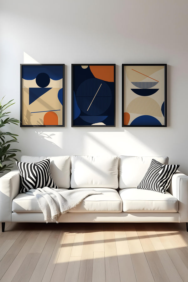 Geometrik Desenli Mavi ve Turuncu Tablo Seti - Modern 3’lü Set | huhu101