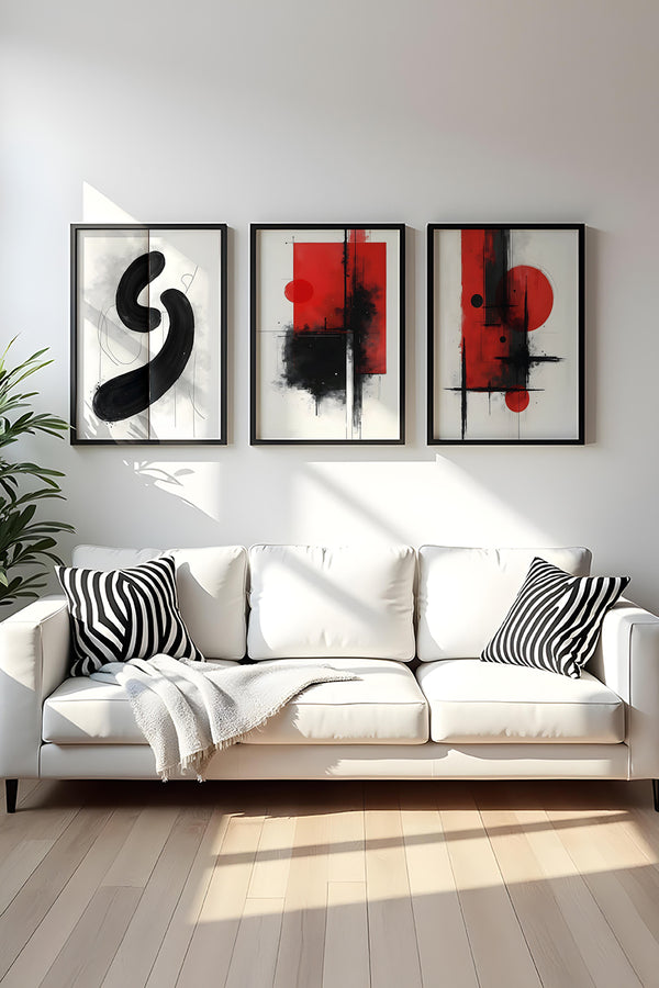 Soyut Desenli Kırmızı ve Siyah Tablo Seti - 3’lü Set | huhu444