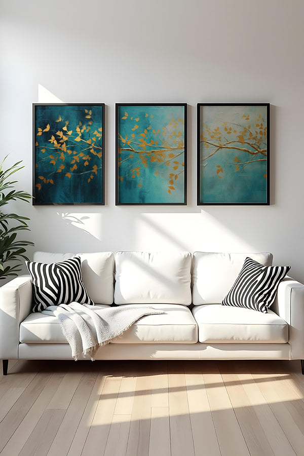 Soyut Yaprak Desenli Tablo Seti - Modern 3’lü Set | huhu485