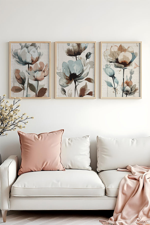 Çiçek Desenli Modern Tablo Seti - 3’lü Set | huhu478