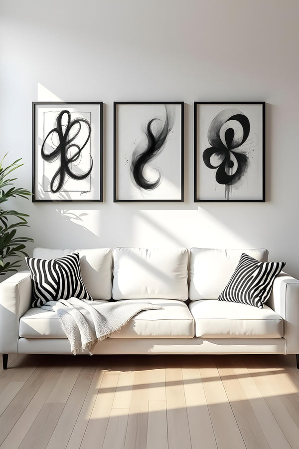 Soyut Siyah Beyaz Tablo Seti - Modern 3’lü Set | huhu430