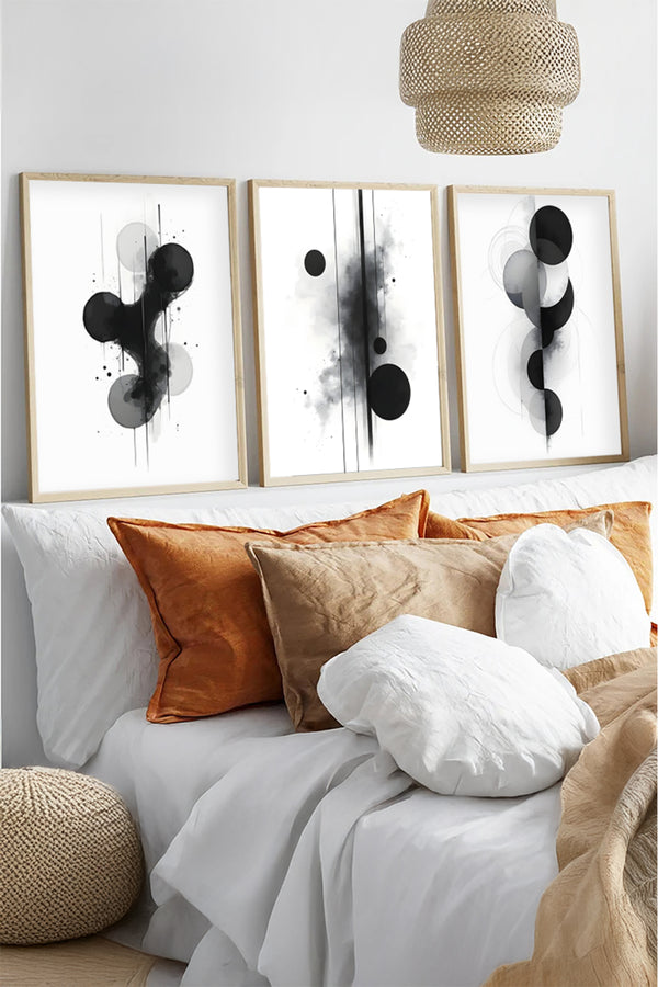 Soyut Desenli Siyah-Beyaz Tablo Seti - Modern 3’lü Set | huhu435