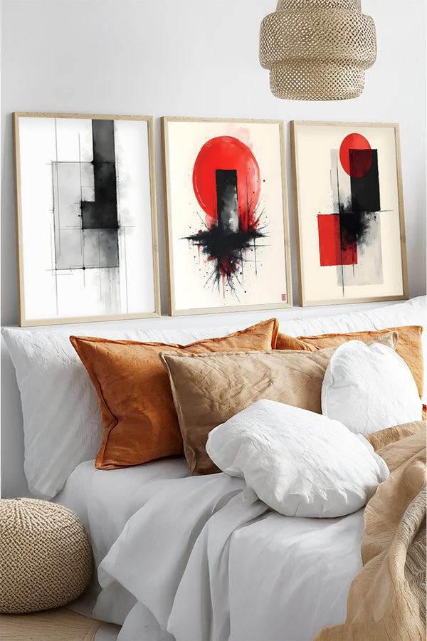 Soyut Desenli Kırmızı ve Siyah Tablo Seti - Modern 3’lü Set | huhu443
